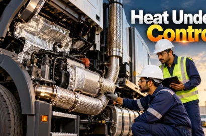 Indian engineers inspect heavy-duty vehicle insulation around engine bay exhaust systems.