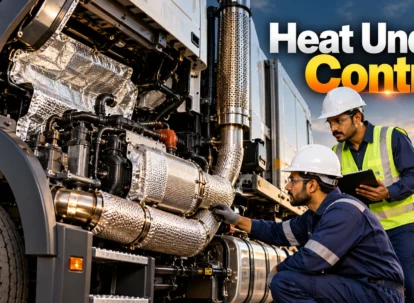 Indian engineers inspect heavy-duty vehicle insulation around engine bay exhaust systems.