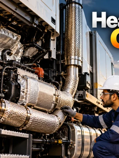 Indian engineers inspect heavy-duty vehicle insulation around engine bay exhaust systems.