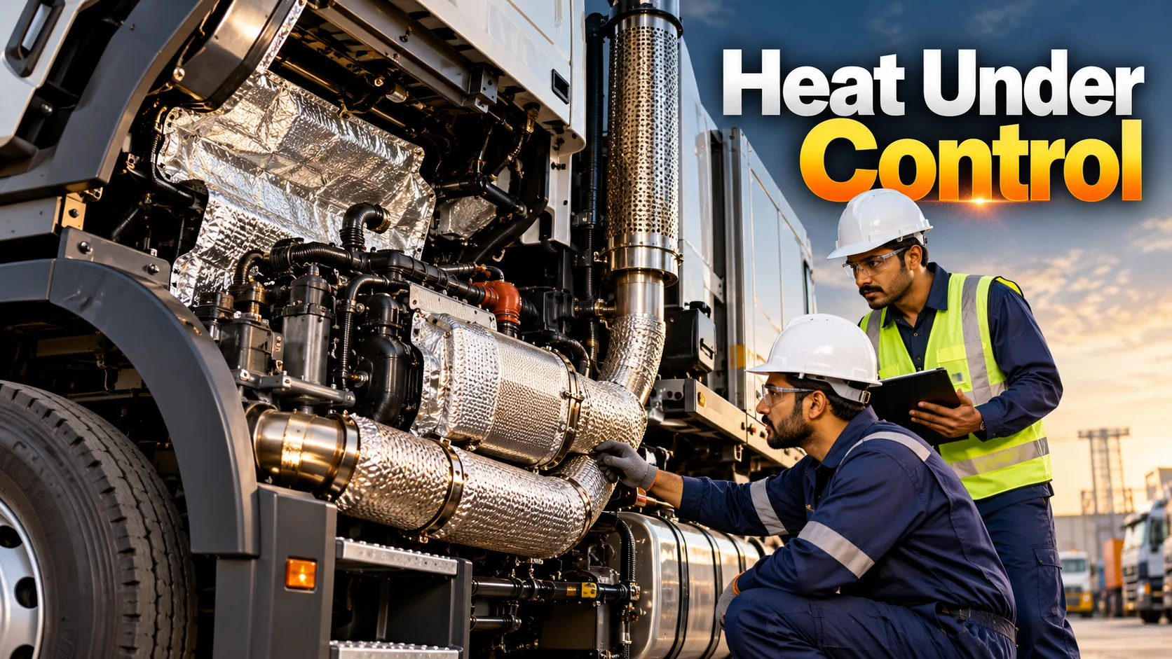 Indian engineers inspect heavy-duty vehicle insulation around engine bay exhaust systems.
